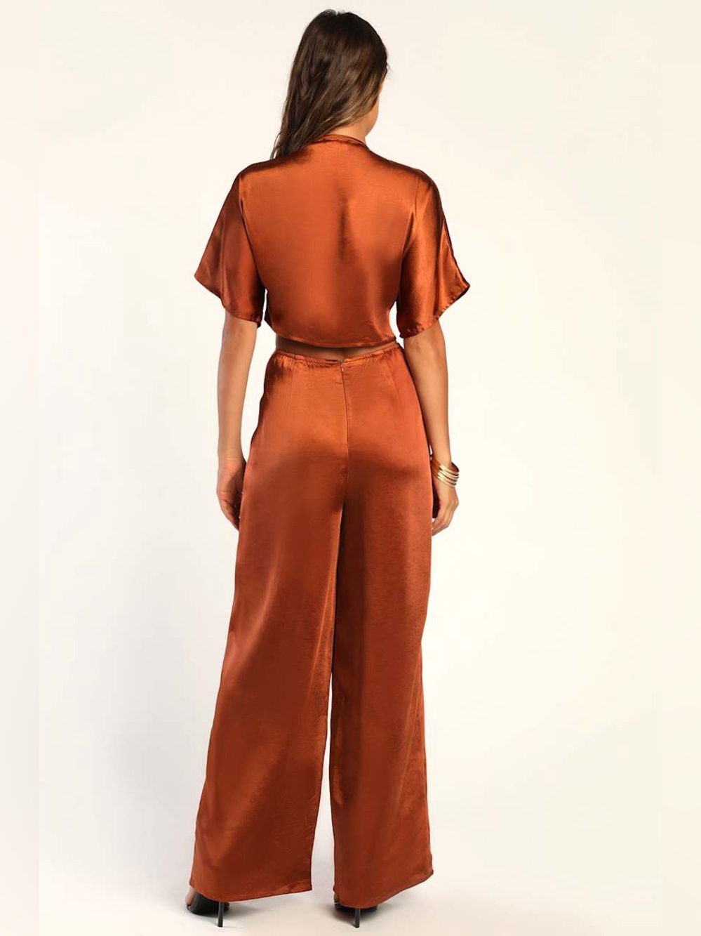 Lulus | Flirt For Fun Rust Brown Tie-Front Two-Piece Wide-Leg Jumpsuit, XS - Picture 3 of 11